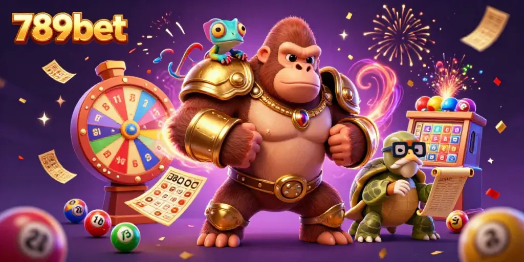 Experience thrilling gameplay at 789bet with a dynamic scene featuring colorful lottery balls and engaging characters.