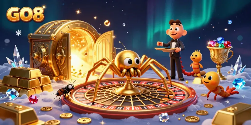 Spin and win at GO8's vibrant casino with stunning golden roulette wheel and immersive 3D elements.