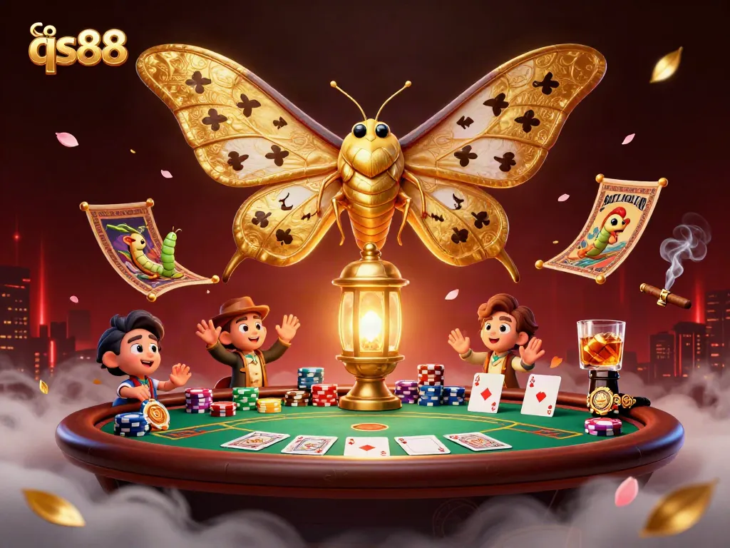 Experience the excitement of qs88 with a vibrant 3D casino scene featuring an atlas moth and poker elements.