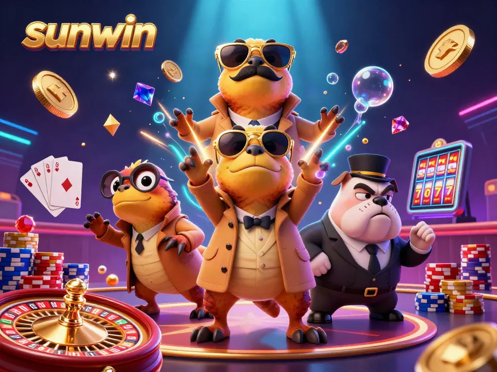 Sunwin players enjoying a vibrant casino atmosphere amidst golden coins and sparkling gems.