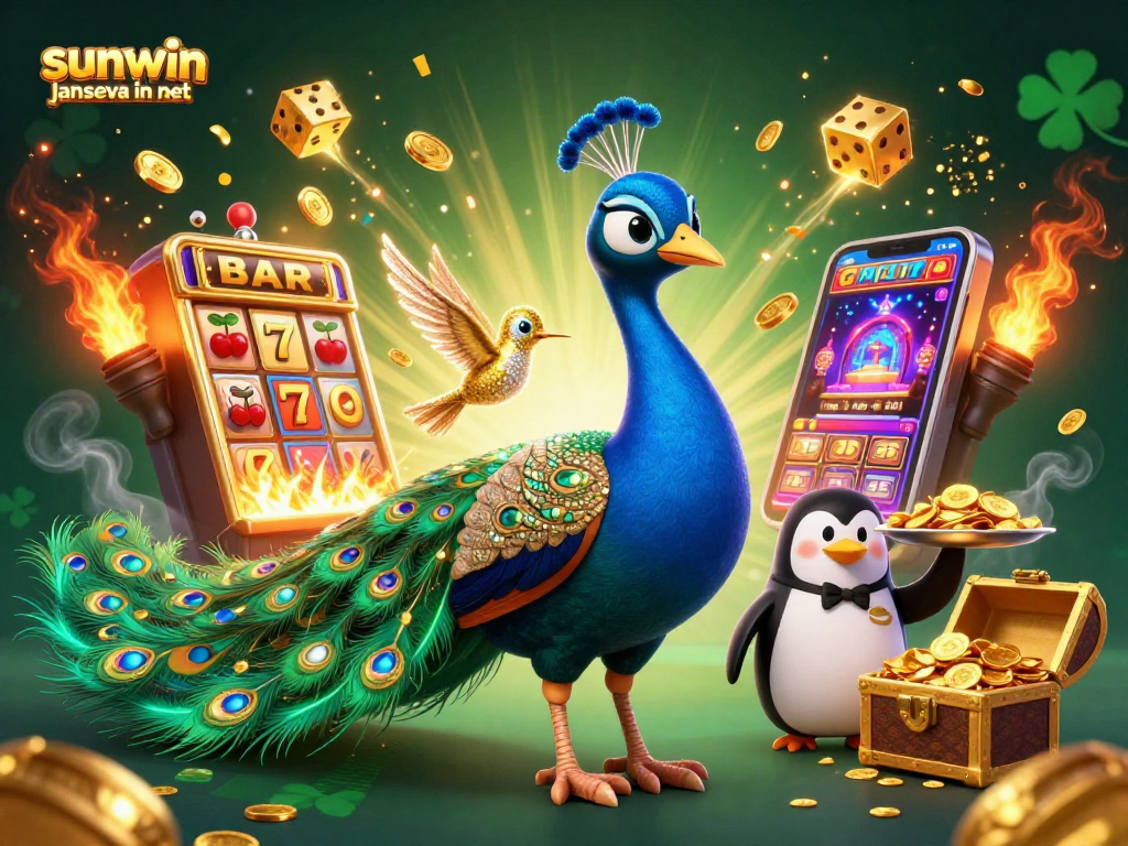 Experience the excitement of sunwin janseva in net with vibrant casino elements, a stunning peacock, and golden chips!