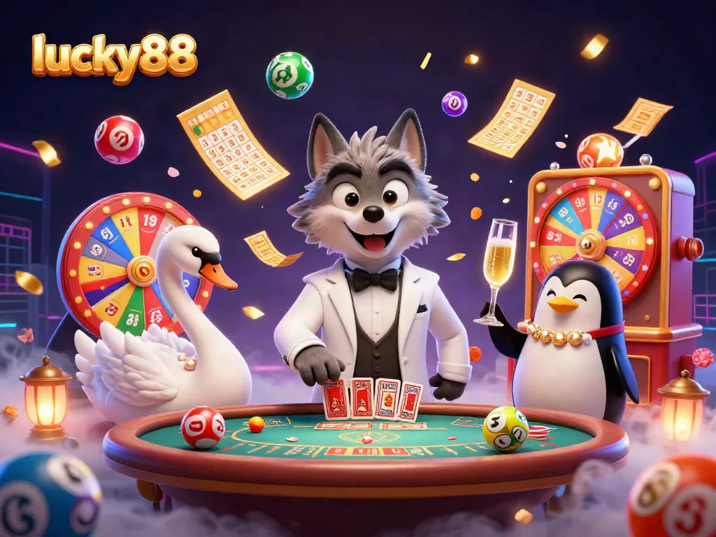 Experience lucky88's exhilarating moments with a debonair wolf, elegant swan, and classy penguin in a vibrant casino scene.