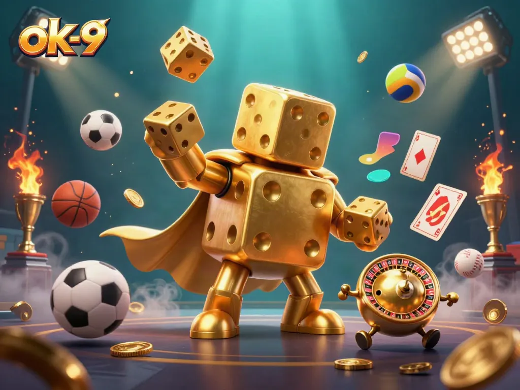 Engage with the thrilling world of ok-9 as golden dice juggle among flying sports balls and dramatics lights.