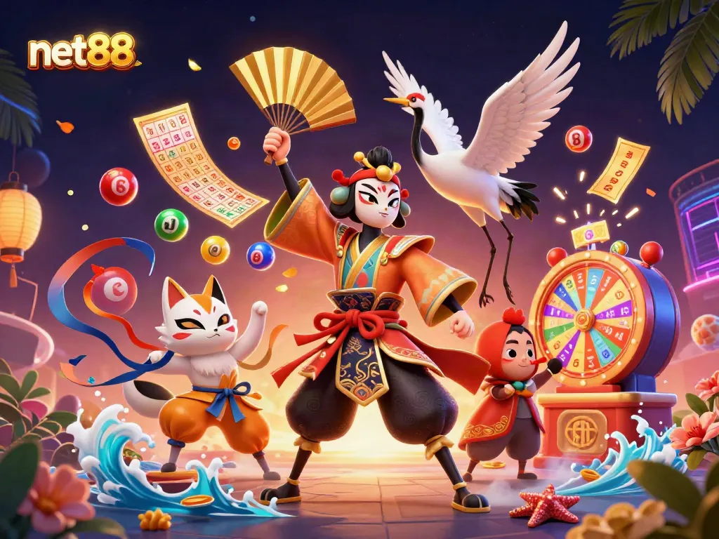 Win big with net88 by placing bets on diverse games featured in this dynamic casino illustration.