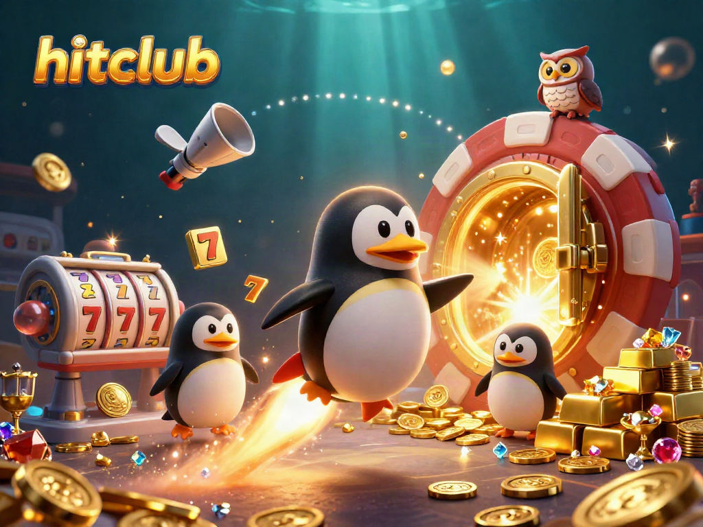 Hitclub's golden penguin rockets through casino-themed galaxy, amidst treasures and vibrant gaming elements.
