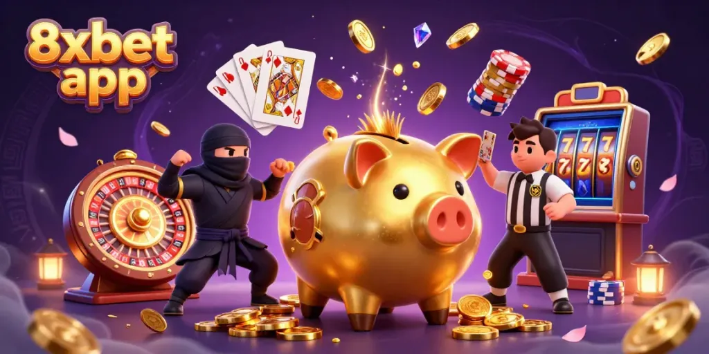 Experience the excitement of the 8xbet app with a dynamic 3D casino scene featuring golden piggy bank and gaming elements.