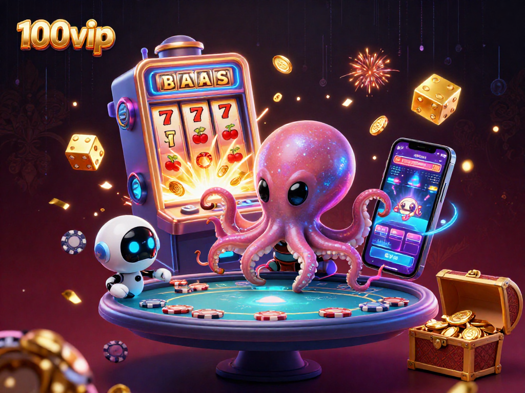 Experience thrilling games with 100vip, as alien characters enjoy a vibrant casino scene.