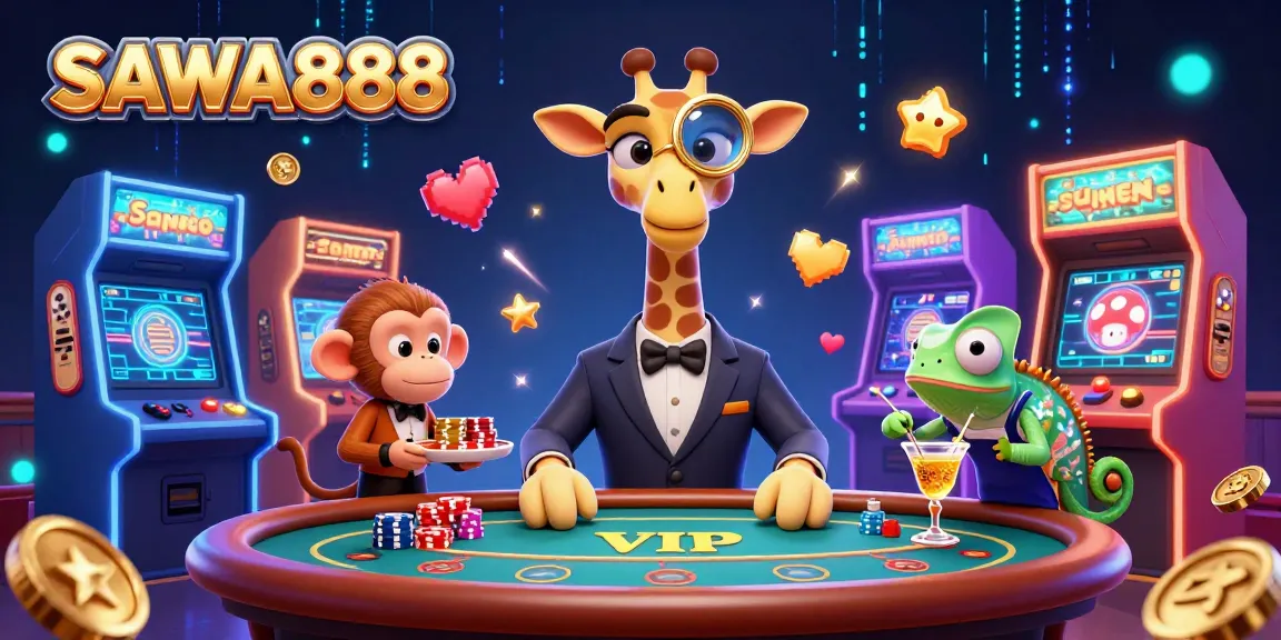 Experience thrilling gaming action at SAWA888 with our unique cartoon casino scene.