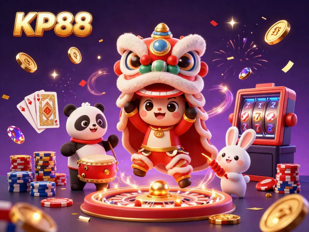Experience the vibrant KP88 casino scene with dynamic characters and celebratory elements.