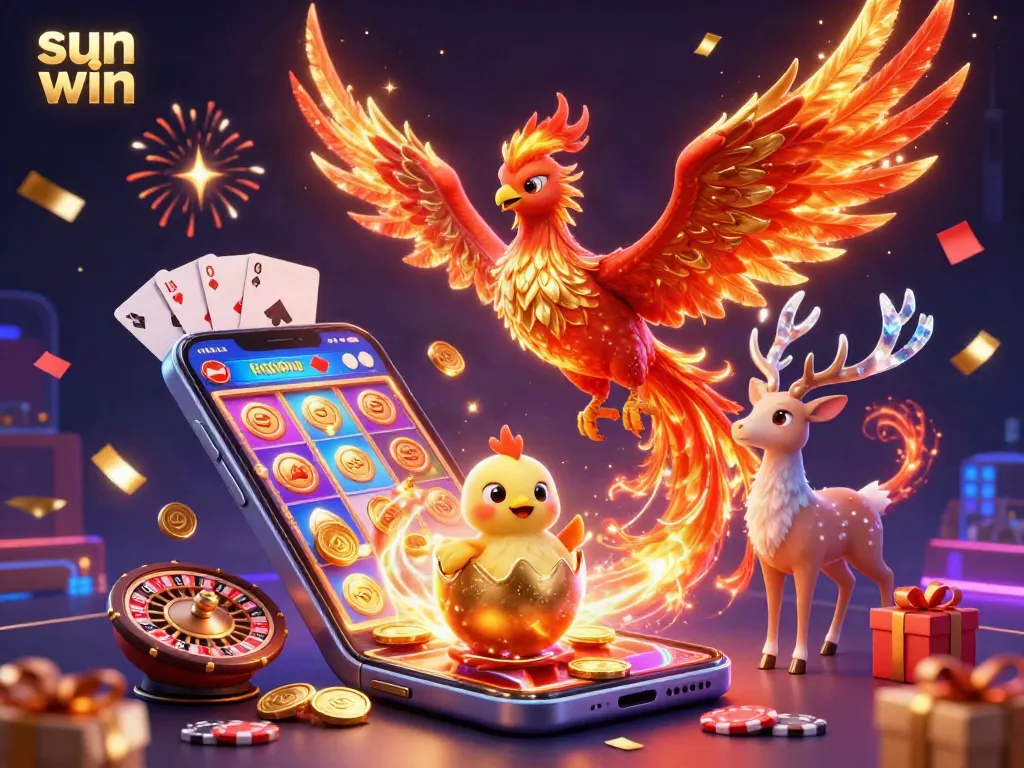 Experience the excitement of sun win with a vibrant 3D illustration showcasing dynamic casino game elements and characters.