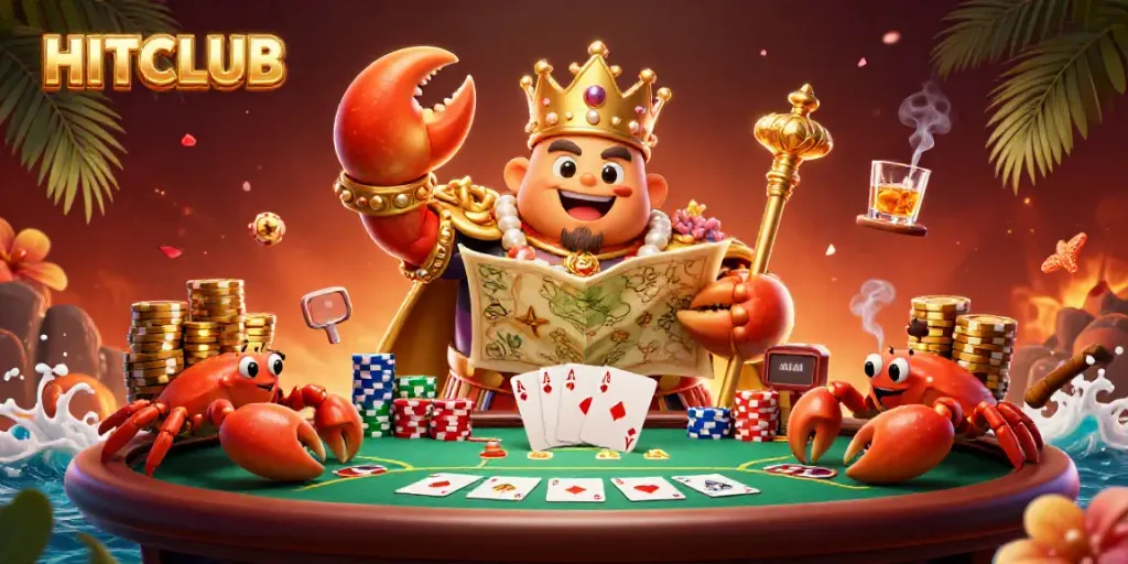 Experience the excitement of HITCLUB with a vibrant 3D illustration of a golden crab emperor at a rich gambling scene.