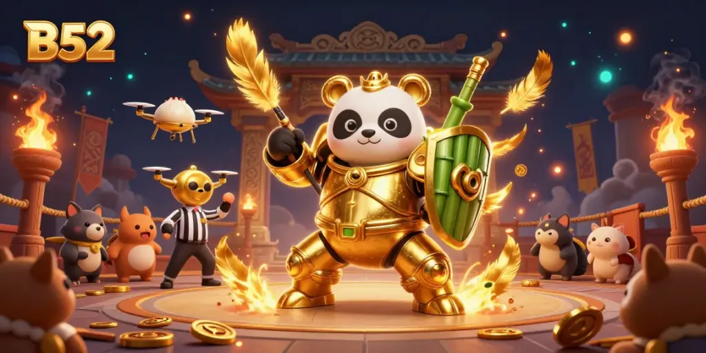 B52 online casino features a golden panda in a mech suit celebrating amidst a dynamic gambling arena.