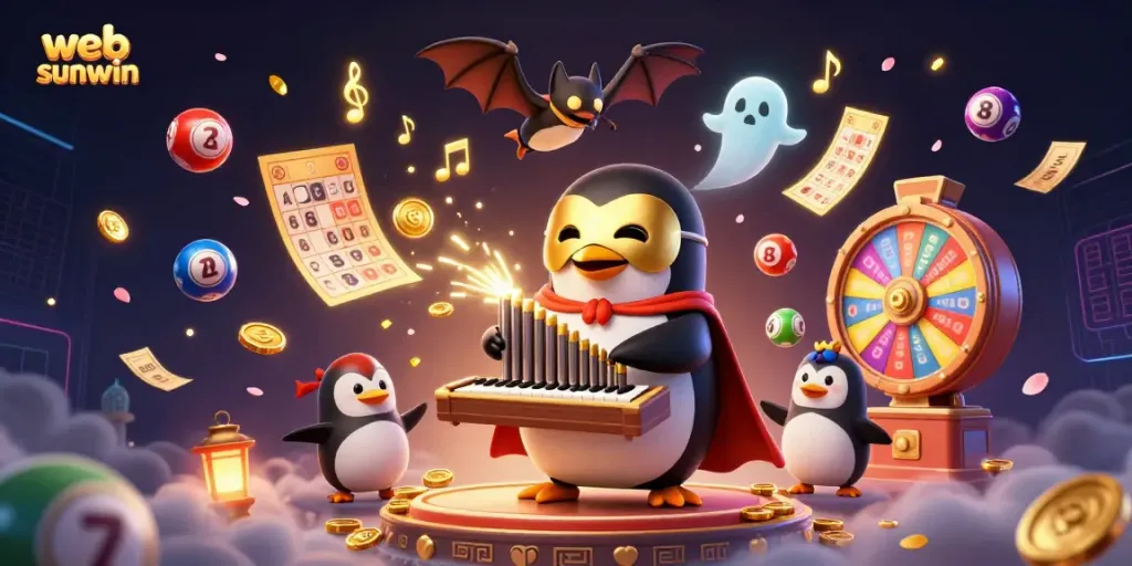 Experience the excitement of web sunwin with vibrant lottery elements and animated casino characters.