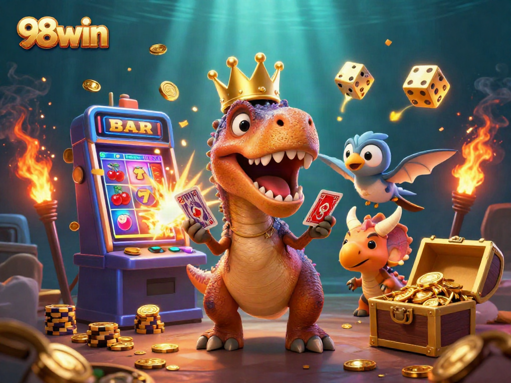 Experience thrilling gameplay at 98win with cartoon dinosaurs engaging in exciting casino activities.