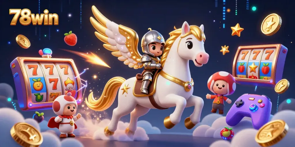 78win offers dynamic gaming experiences featuring colorful slots and a celestial knight character.