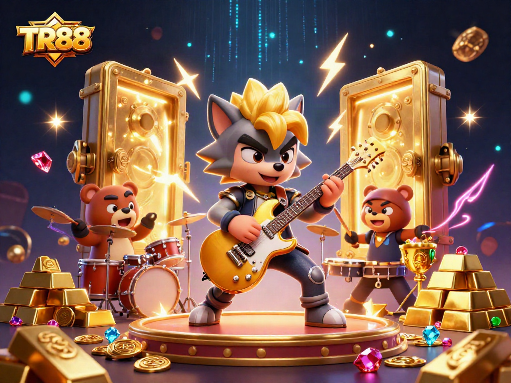 Shred with TR88 at the casino stage, featuring a wolf rock star and energetic bear drummer