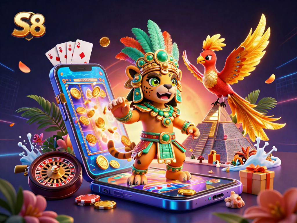 Spin and win with S8! Mayan jaguar priest and quetzal bird enrich the casino experience.