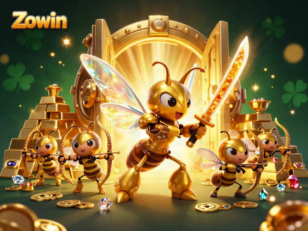 Zowin arcade with a golden hornet samurai and bee archers amidst shimmering treasures