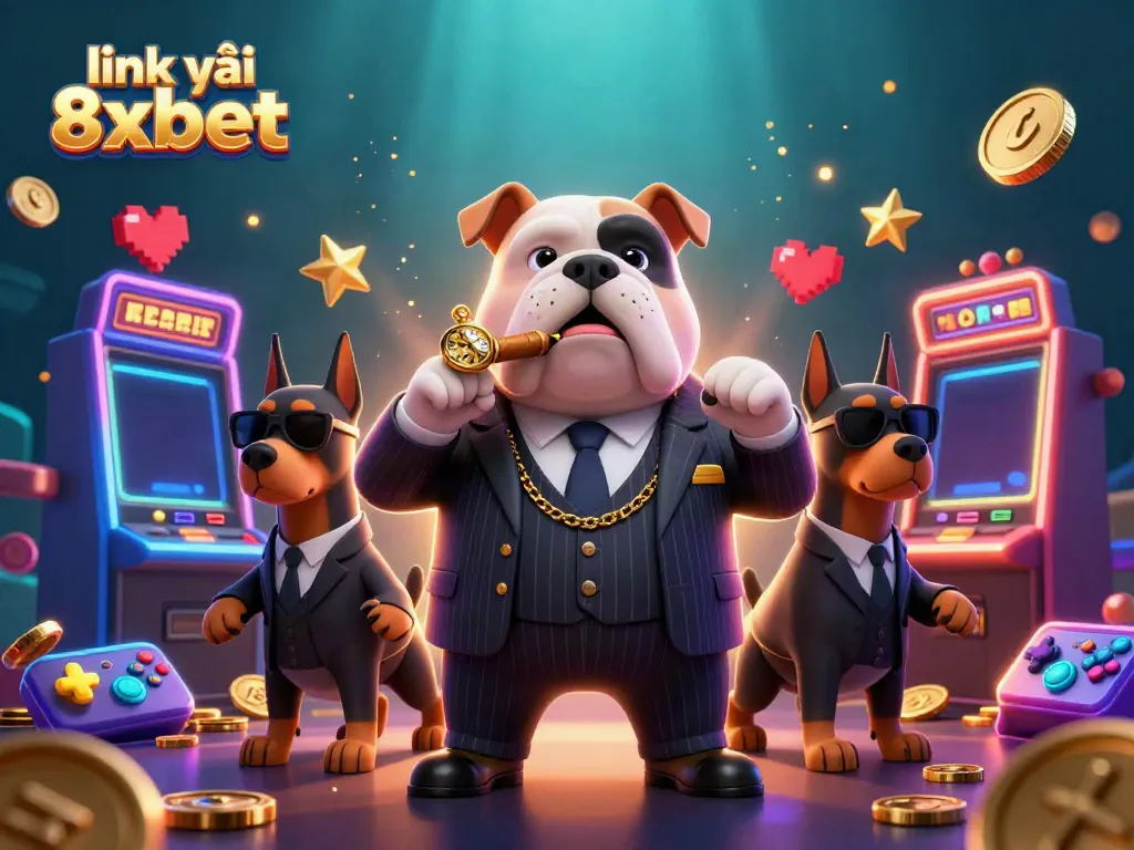 Play slots with link vào 8xbet, featuring a cartoon bulldog mafia boss and poker elements.