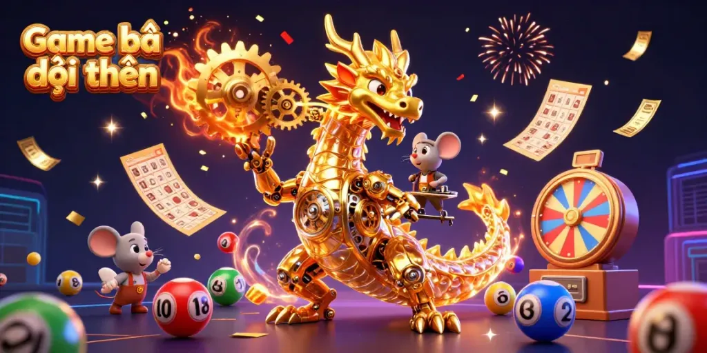 Experience Game bài đổi thưởng with vibrant lottery elements and an enchanting dragon illustration.