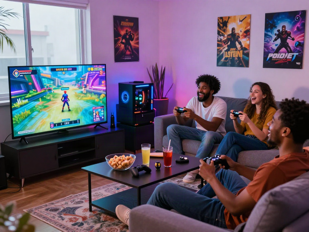 Friends enjoying a porngame in a vibrant living room setting with gaming consoles and snacks.