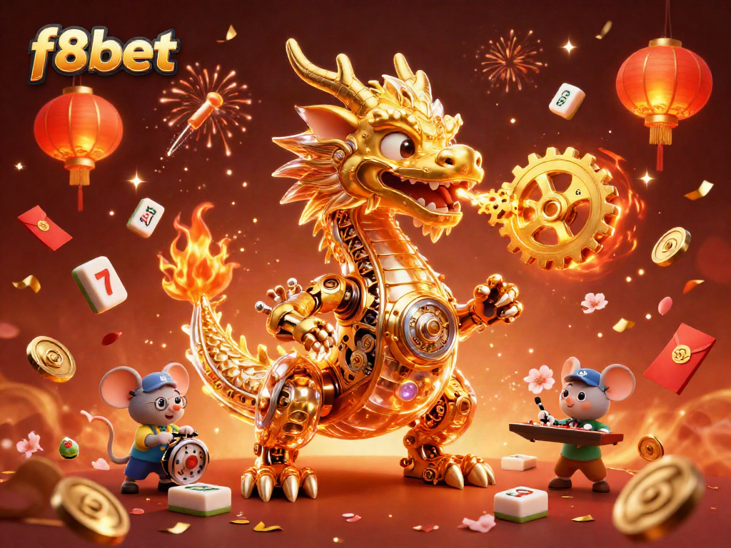 Engage with f8bet's dynamic 3D casino illustration showcasing a golden dragon and vibrant gaming elements.