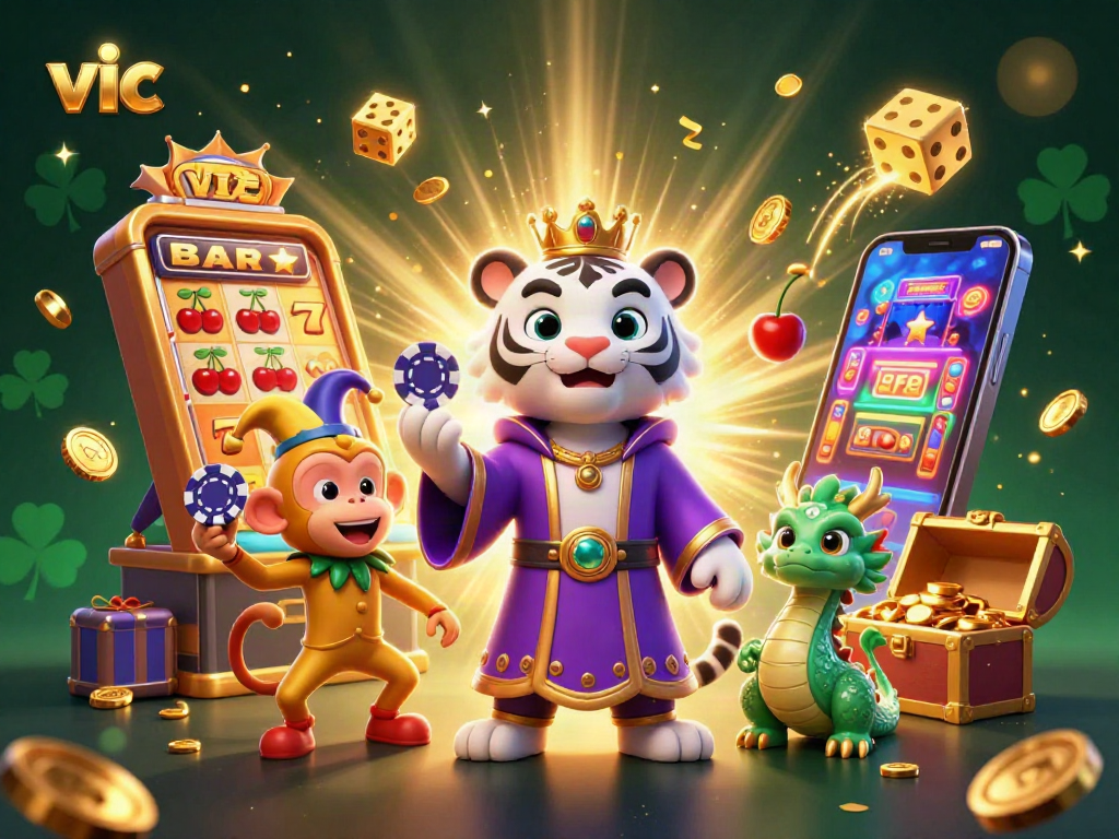 Experience the excitement of vic with a vibrant 3D illustration of casino characters and jackpot moments.