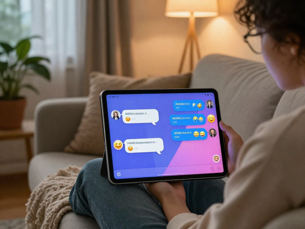 Engaging with NSFW AI chat on a tablet in a cozy home setting