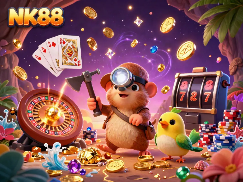 Engage with NK88 as a cartoon mole uncovers treasures amid casino excitement.