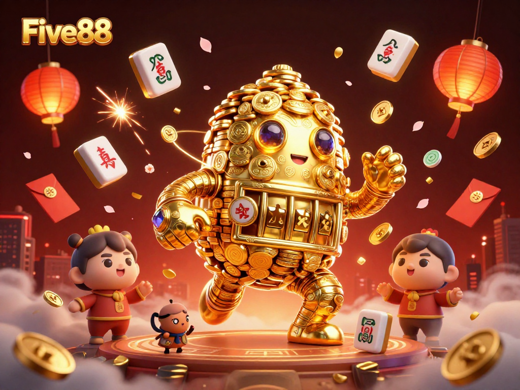 Engage in thrilling gameplay at Five88 featuring a dynamic ancient golden golem surrounded by winning symbols and colorful decorations.