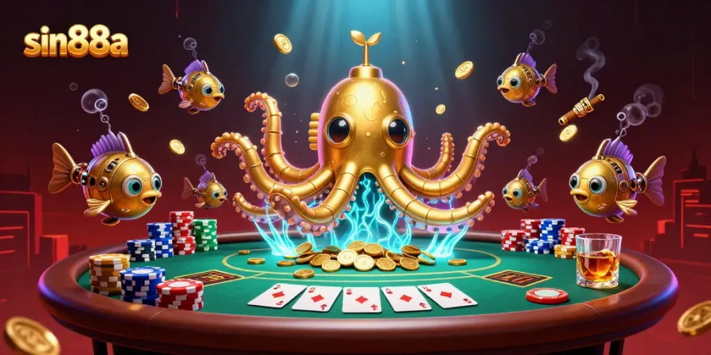 Experience thrilling gameplay at sin88a with golden kraken submarine amidst poker action.