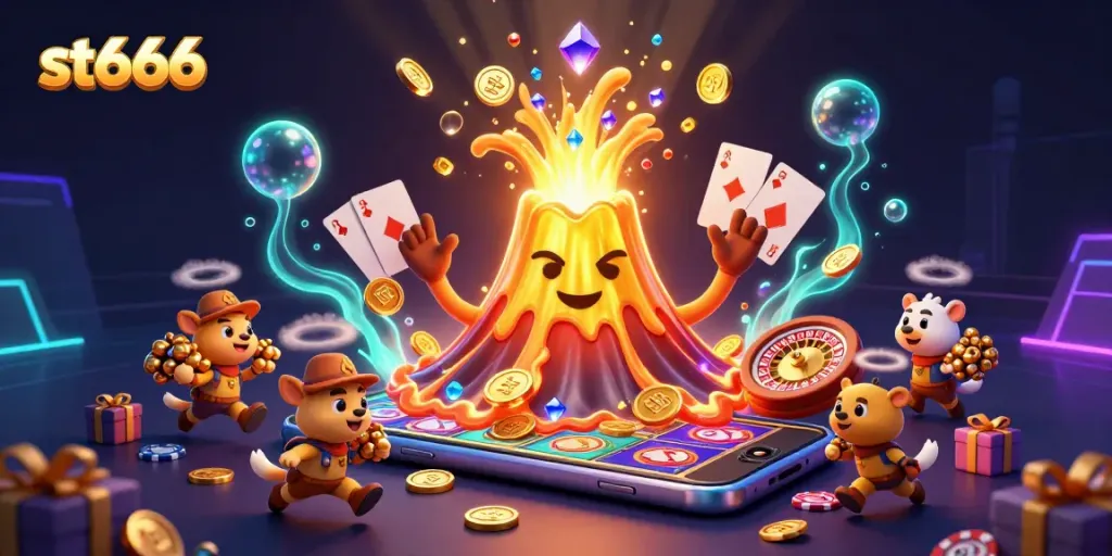 Join the excitement at st666 with a vibrant 3D volcano explosion of coins amid a dynamic casino scene.
