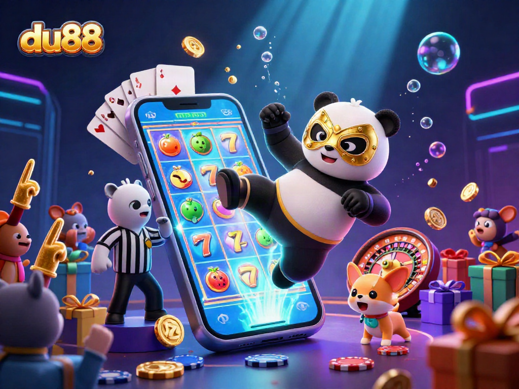 Experience exciting slots with du88 featuring a panda wrestler, golden coins, and vibrant animation.