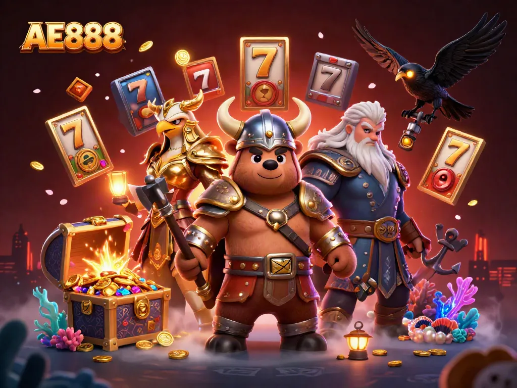 Experience the thrill of AE888 with a vibrant 3D casino-themed illustration brimming with excitement.