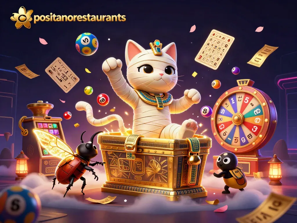 Engage with the captivating world of positanorestaurants as colorful lottery elements burst around animated characters.