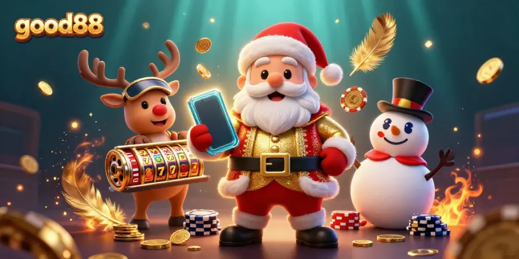 Experience the thrilling world of good88 with Santa and his friends celebrating jackpot wins in a vibrant casino.