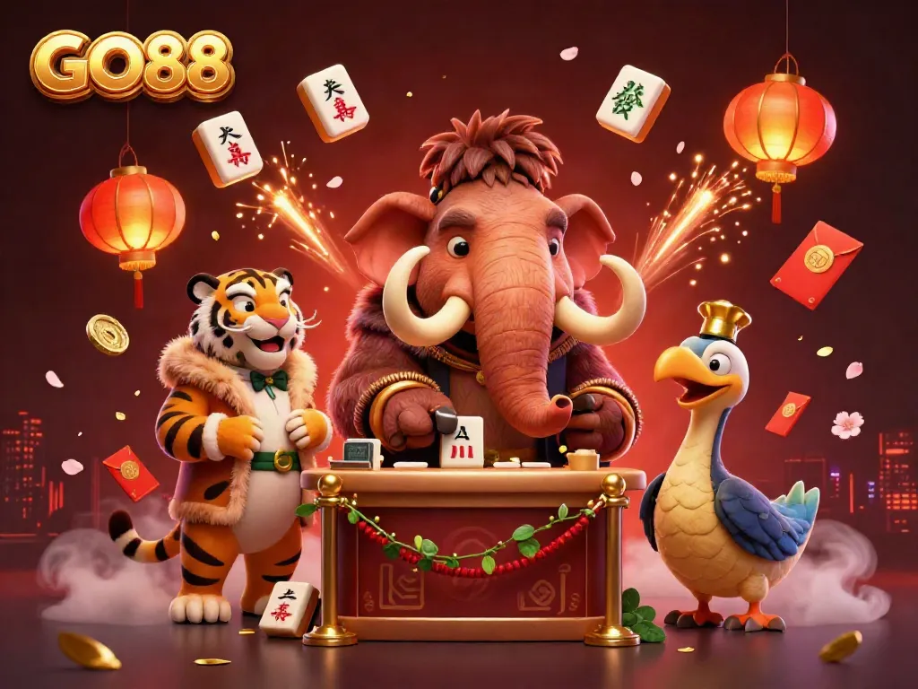 Experience GO88 with a 3D mammoth bouncer and vibrant casino elements in action-packed illustration.