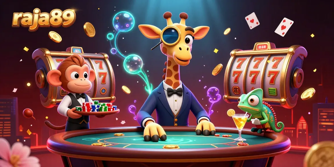 Experience thrilling wins at raja89 with high-roller giraffe and lucky slot reels in a vibrant casino scene.