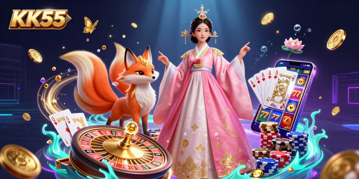 Engage in thrilling gameplay at KK55 with a glamorous illustration of an Asian woman in hanbok, lucky fox, and vibrant casino elements.