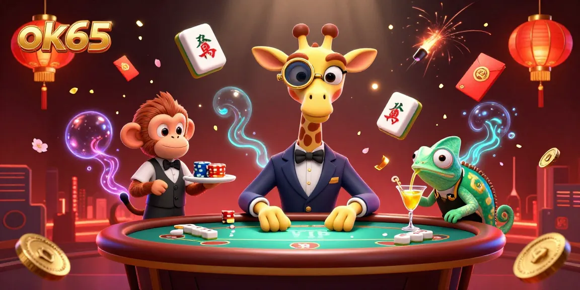 Experience thrilling action in ok65 with a high-roller giraffe, vibrant game symbols, and dynamic casino elements.