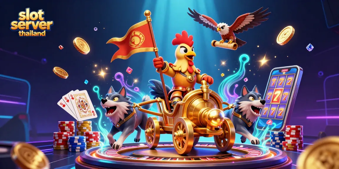 Experience slot server thailand's thrill with a rooster warlord and golden slot machine elements.