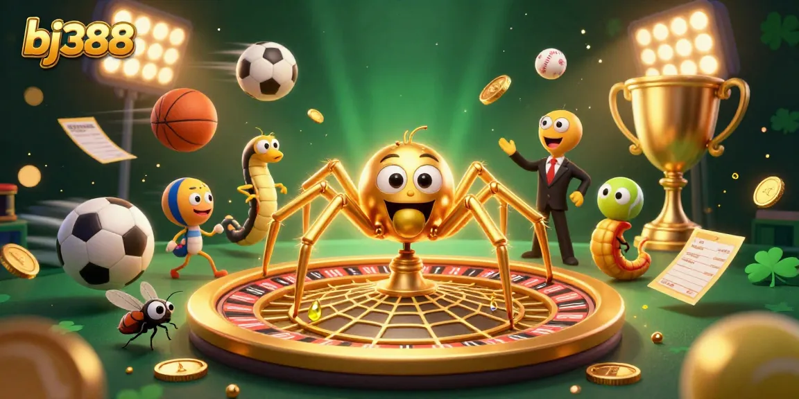Place bets with bj388 at a vibrant casino scene featuring a golden spider and centipede croupier.