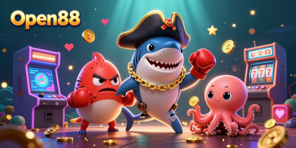 Engage with Open88's thrilling games featuring a shark, pufferfish, and octopus in an underwater scene.