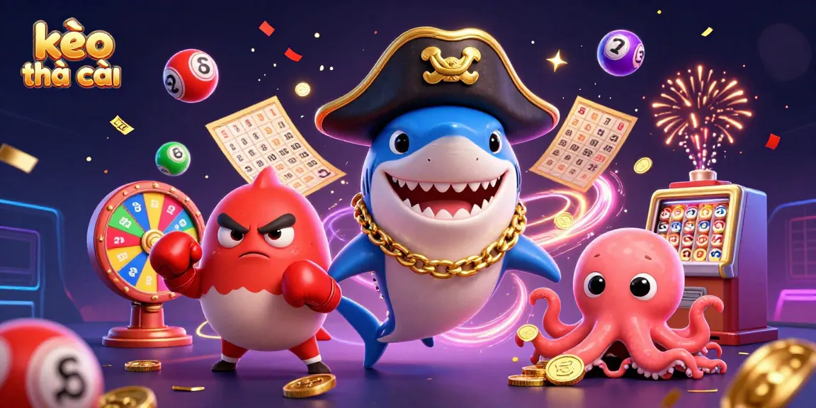 Engage in kèo nhà cái action with a cartoon pirate shark, pufferfish, and an octopus celebrating with lottery balls.