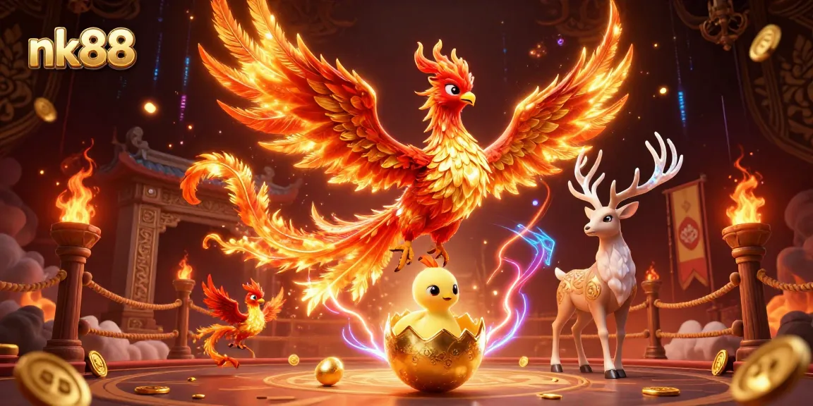 Experience nk88's vibrant gaming arena with a phoenix and stag, abundant elements, and captivating casino themes.