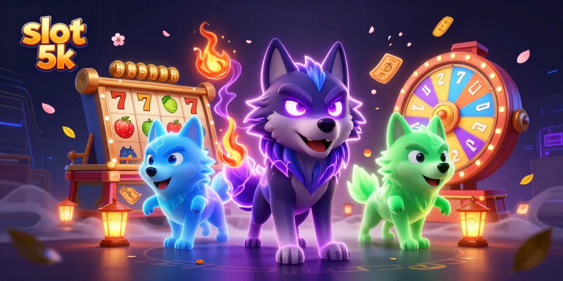 Spin to win at slot 5k with vibrant scenes of cartoon wolves amidst dazzling slot elements.