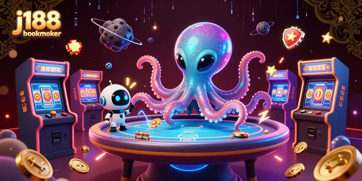 Join the fun at j188 bookmaker with a lively alien octopus hosting poker on a holographic table.