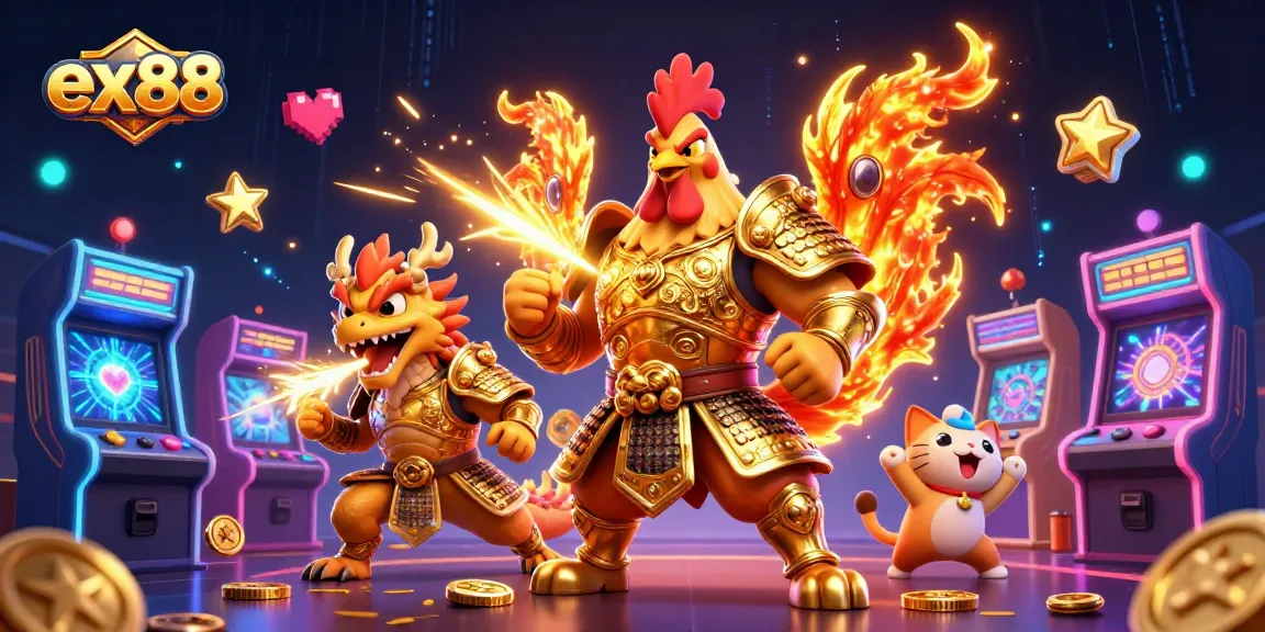 Experience thrilling action with ex88 and vibrant gaming visuals featuring a rooster warrior and dragon hatchling.