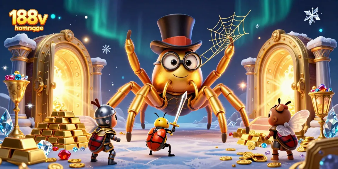 Engage in thrilling entertainment at 188v homepage with a vibrant casino scene featuring a golden tarantula and dynamic treasure.