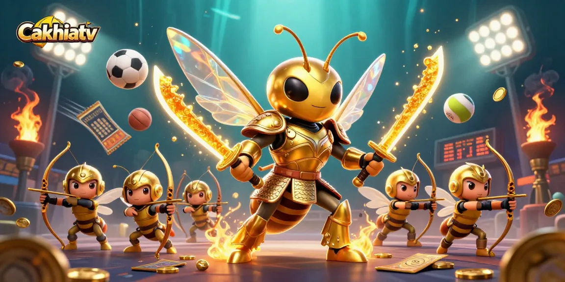 Cakhiatv offers a thrilling sports betting experience featuring a giant golden hornet samurai amidst dynamic sports elements.
